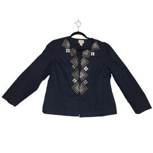 Chicos Navy Blue Linen Silver Stud Boho Embellished Open Front Lined Jacket 1